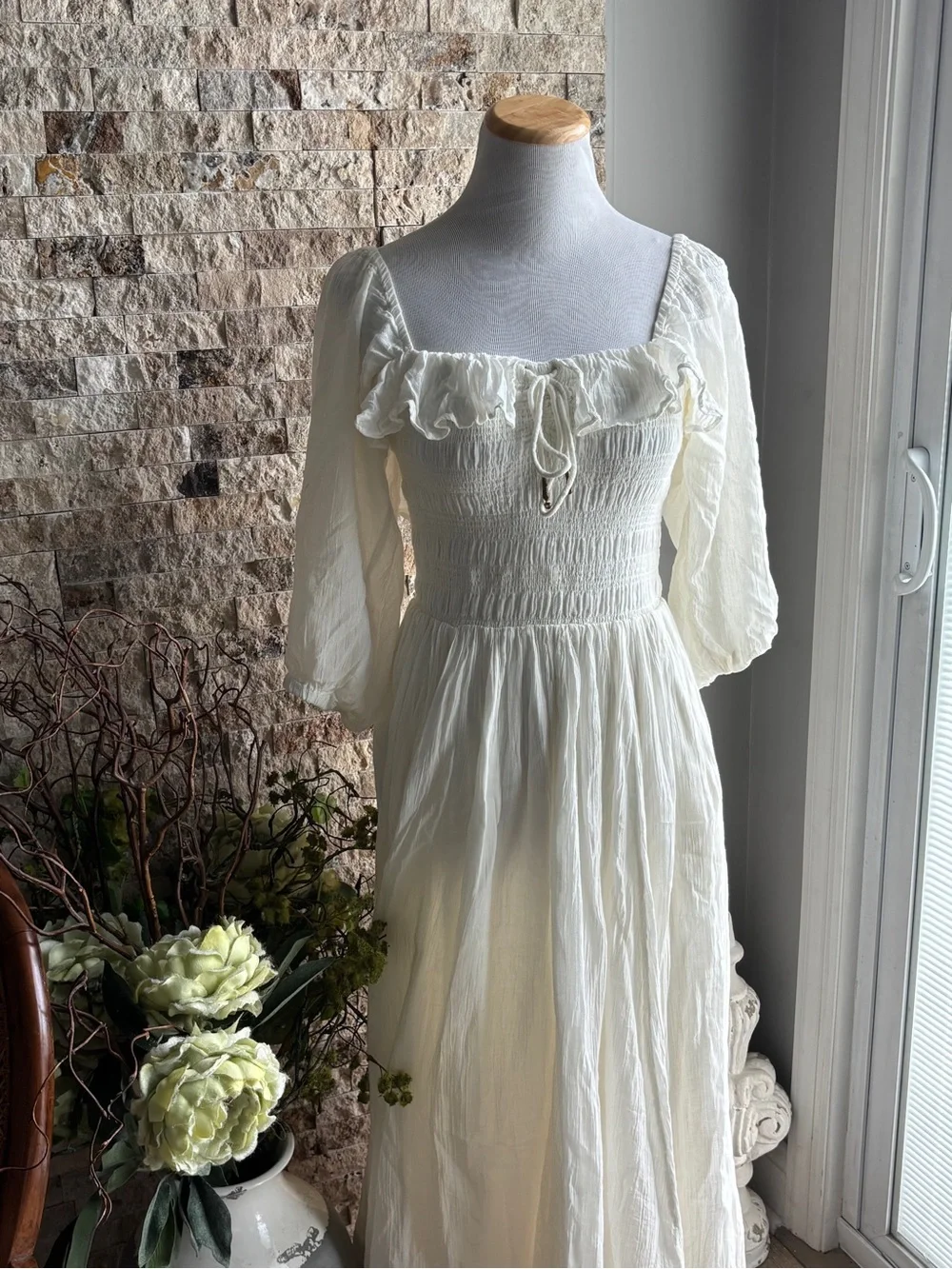 Free People Cream Ruffled Smocked Maxi Dress